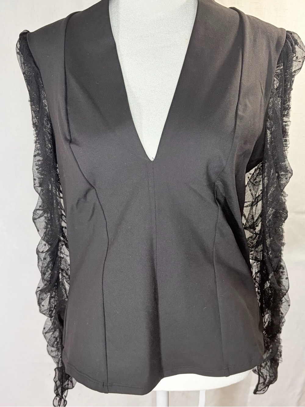 Intimately Free Free People V Neck Stretch Top Sheer Lace Polka Dot Sleeve Sz M